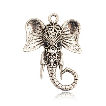 Antique Silver Plated Alloy Rhinestone Animal Hollow Pendants, Elephant Necklaces Charms, Jet, 44x33x10mm, Hole: 3mm
