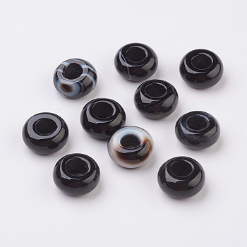 Randomly Mixed Natural Black Agate and Banded Agate European Beads, Large Hole Beads, Rondelle, Dyed, 14x7~8mm, Hole: 6mm