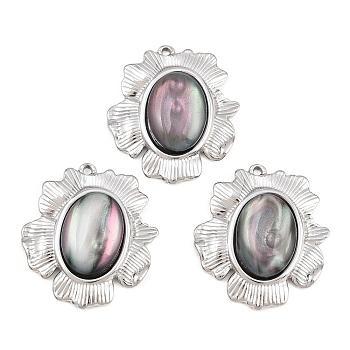 Natural Shell Oval Pendants, 304 Stainless Steel Flower Charms, Colorful, Stainless Steel Color, 32x29.5x6.5mm, Hole: 1.6mm