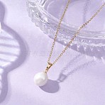 Natural Baroque Pearl Keshi Pearl Round Pendant 304 Stainless Steel Cable Chain Necklaces, White, Golden, 17.80 inch(45.2cm)(NJEW-JN05893)