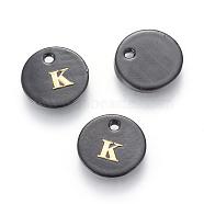 Freshwater Shell Charms, with Gold Blocking Letter, Dyed, Flat Round, Black, Letter.K, 11x1.5mm, Hole: 1.5mm(SHEL-S253-16K)
