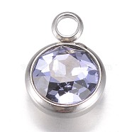 Glass Charms, Faceted, with 304 Stainless Steel Findings, Flat Round, Lilac, 14x10x6.5mm, Hole: 2.5mm(GLAA-G019-P07)