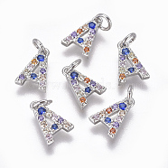 Brass Micro Pave Cubic Zirconia Charms, Letter, Colorful, Platinum, Letter.A, 9x6x1.7mm, Hole: 2mm(ZIRC-L070-38A-P)