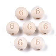 Unfinished Natural Wood European Beads, Large Hole Beads, Laser Engraved Pattern, Round with Number, Num.6, 15~16x14~15mm, Hole: 4mm(WOOD-S045-141A-6)