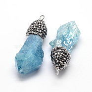 Electroplated Nuggets Natural Druzy Crystal Big Pendants, with Polymer Clay Rhinestone and Platinum Tone Brass Findings, Sky Blue, 30~59x12~21x9~18mm, Hole: 1.5mm(G-F229-22I)