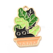 Alloy Enamel Pendants, Light Gold, Potted with Cat Charm, Lawn Green, 28x18x1mm, Hole: 2mm(ENAM-D041-06A)