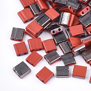 Electroplate Opaque Glass Seed Beads, 2-Hole, Rectangle, Black Plated, Red, 5x4.5~5.5x2~2.5mm, Hole: 0.5~0.8mm(SEED-S023-18C-02B)