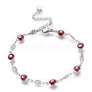304 Stainless Steel Link Bracelets, with Enamel and Lobster Claw Clasps, Evil Eye & Oval, Red, Stainless Steel Color, 7-5/8 inch(19.5cm)(BJEW-M203-09P)