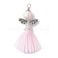 Porcelain Beaded with Polycotton Tassel Big Pendants, Angel, Pearl Pink, 54.5x34x10.5mm, Hole: 2.5mm(PALLOY-JF02986-03)