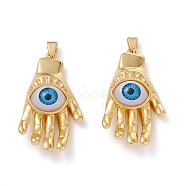 Brass Pendants, with Resin Cabochons, Long-Lasting Plated, Hand with Evil Eye, Real 18K Gold Plated, Dodger Blue, 43x23x10mm, Hole: 5x3.5mm(KK-Z014-13G-03)