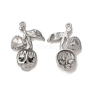 Alloy Glass Pendants, Gunmetal, Skull with Leaf Charms, Clear, 29.5x15.5x4mm, Hole: 1.5mm(PALLOY-P291-10B-02)