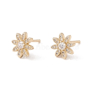 Clear Cubic Zirconia Flower Stud Earrings, Brass Jewelry for Women, Lead Free & Cadmium Free, Real 18K Gold Plated, 9mm, Pin: 0.8mm(KK-E005-21G)