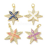 Brass Micro Pave Clear Cubic Zirconia Pendants, with Synthetic Opal and Jump Ring, Real 18K Gold Plated, Star, Mixed Color, 25.5x24x2.7mm, Hole: 3.6mm(KK-C045-31G)
