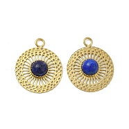 Natural Lapis Lazuli Pendants, Flat Round Charms, with Vacuum Plating Real 18K Gold Plated 201 Stainless Steel Findings, 17x14.5x3.5mm, Hole: 1.8mm(STAS-J401-VC652)
