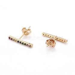 Brass Micro Pave Cubic Zirconia Stud Crawler Earrings, Climber Earrings, with Brass Ear Nuts, Bar, Colorful, Real 18K Gold Plated, 16x1.5x2mm, Pin: 0.7mm(EJEW-F198-06G)