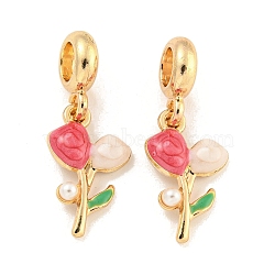 Rack Plating Alloy Enamel Flower European Dangle Charms, Large Hole Pendants with ABS Plastic Imitation Pearl Beads, Golden, Cadmium Free & Nickel Free & Lead Free, Cerise, 29mm, Hole: 4.6mm, Flower: 19x11.5x4mm(FIND-B034-45G-02)