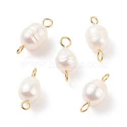 Natural Cultured Freshwater Pearl Beads Connector Charms, with 304 Stainless Steel Double Loops, White, Oval, Golden, 18~18.5x8~9mm, Hole: 2~3mm(PALLOY-JF01551-02)