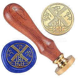Windmill Golden Plated Brass Sealing Wax Stamp Head, with Wood Handle, for Envelopes Invitations, Gift Cards, Building, 83x22mm, Head: 7.5mm, Stamps: 25x14.5mm(AJEW-WH0208-929)