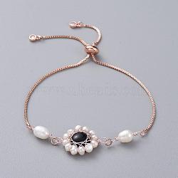 Adjustable Rose Gold Plated Brass Slider Bracelets, Bolo Bracelets, with Rhinestone, Natural Pearl, Natural Black Stone Cabochons and Cardboard Packing Box, 9-1/2 inch(24cm)(BJEW-JB04995-04)