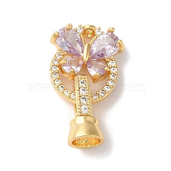 Brass Micro Pave Cubic Zirconia Fold Over Clasps, with Glass, Butterfly, Violet, 22mm, Hole: 4.2mm(KK-B098-06G-02)