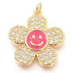 Brass Micro Pave Clear Cubic Zirconia Pendants, with Enamel and Jump Rings, Long-Lasting Plated, Flower with Smiling Face, Real 18K Gold Plated, Deep Pink, 24x22x3mm, Hole: 3mm(KK-I683-05B)