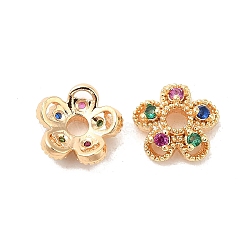 Brass with Clear Cubic Zirconia Bead Caps, 5-Petal Flower, Real 18K Gold Plated, 7.5x7.5x3mm, Hole: 1.6mm(KK-Q183-84G)
