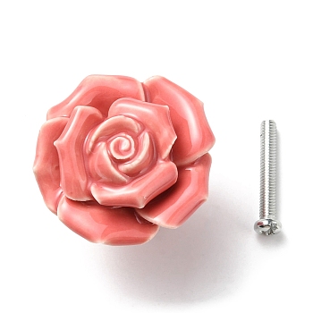 Porcelain Drawer Knob, with Alloy Findings and Screws, Cabinet Pulls Handles for Kitchen Cupboard Door and Bathroom Drawer Hardware, Rose, Pink, 41x34mm