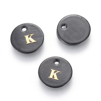 Freshwater Shell Charms, with Gold Blocking Letter, Dyed, Flat Round, Black, Letter.K, 11x1.5mm, Hole: 1.5mm
