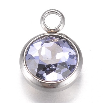 Glass Charms, Faceted, with 304 Stainless Steel Findings, Flat Round, Lilac, 14x10x6.5mm, Hole: 2.5mm