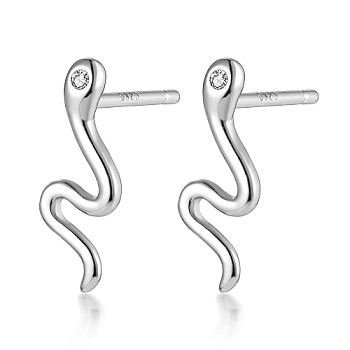 Rhodium Plated 925 Sterling Silver Micro Pave Cubic Zirconia Stud Earrings, Snake, with 925 Stamp, Platinum, no size
