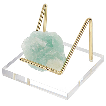 Square Acrylic Base Iron Arm Mineral Specimens Display Easel Stands, Light Gold, for Gemstones, Agates, Rocks Displays Holder, Clear, 65x65x50mm
