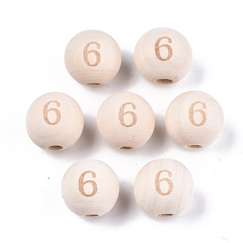 Unfinished Natural Wood European Beads, Large Hole Beads, Laser Engraved Pattern, Round with Number, Num.6, 15~16x14~15mm, Hole: 4mm