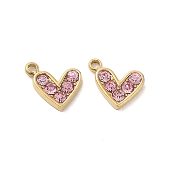 304 Stainless Steel Pendants, with Rhinestone, Heart Charms, Light Rose, 9x10x2mm, Hole: 1.4mm