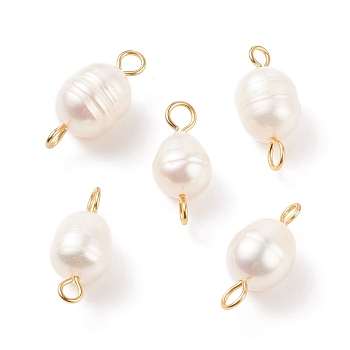Natural Cultured Freshwater Pearl Beads Connector Charms, with 304 Stainless Steel Double Loops, White, Oval, Golden, 18~18.5x8~9mm, Hole: 2~3mm