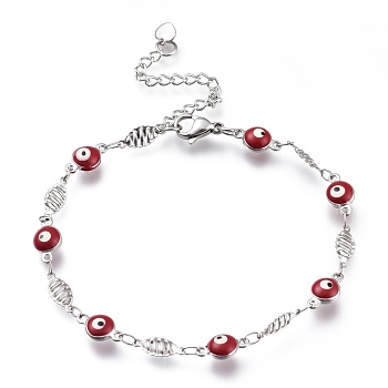 304 Stainless Steel Link Bracelets, with Enamel and Lobster Claw Clasps, Evil Eye & Oval, Red, Stainless Steel Color, 7-5/8 inch(19.5cm)