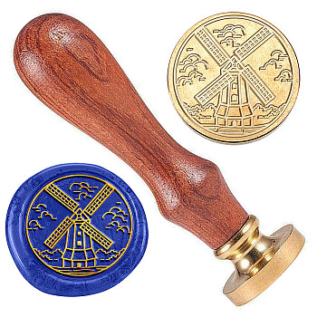 Windmill Golden Plated Brass Sealing Wax Stamp Head, with Wood Handle, for Envelopes Invitations, Gift Cards, Building, 83x22mm, Head: 7.5mm, Stamps: 25x14.5mm