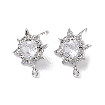 Brass Micro Pave Cubic Zirconia Stud Earring Findings, Sun, Real Platinum Plated, 20x17mm, Hole: 1.4mm, Pin: 0.8mm