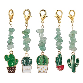 Alloy Enamel Pendant Decorations, with Natural Green Aventurine Chip Beads, Cactus, Green, 67~77mm