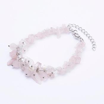 Natural Rose Quartz Chip & Frosted Round Beaded Bracelets, with Grade A Pearl Beads, Faceted Glass Beads and Brass Findings, Platinum, 7-1/2 inch(190mm)