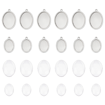12Pcs 2 Styles 304 Stainless Steel Pendant Cabochon Settings, Oval, with 12Pcs 2 Styles Transparent Oval Glass Cabochons, Stainless Steel Color, Tray: 18~25x13~18mm, 24~31x16~21x2mm, hole: 1.8mm, 6pcs/style
