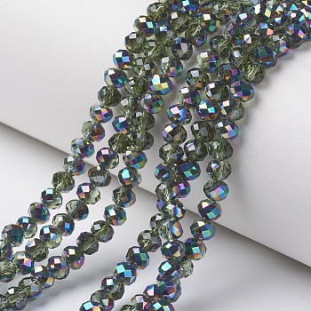 Electroplate Transparent Glass Beads Strands, Half Multi-color Plated, Faceted, Rondelle, Lime Green, 6x5mm, Hole: 1mm, about 85~88pcs/strand, 16.1~16.5 inch(41~42cm)