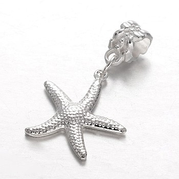 Alloy European Dangle Charms, Large Hole Starfish/Sea Stars Beads, Silver Color Plated, 35mm, Hole: 5mm