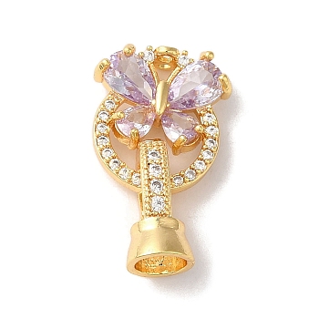 Brass Micro Pave Cubic Zirconia Fold Over Clasps, with Glass, Butterfly, Violet, 22mm, Hole: 4.2mm