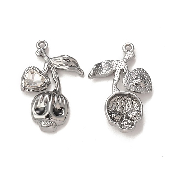 Alloy Glass Pendants, Gunmetal, Skull with Leaf Charms, Clear, 29.5x15.5x4mm, Hole: 1.5mm