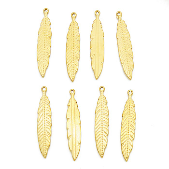 201 Stainless Steel Pendants, Feather, Golden, 30x6x1.6mm, Hole: 1mm