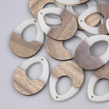 Resin & Walnut Wood Pendants, teardrop, Creamy White, 37.5x28x3~3.5mm, Hole: 1.5mm