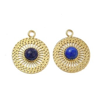 Natural Lapis Lazuli Pendants, Flat Round Charms, with Vacuum Plating Real 18K Gold Plated 201 Stainless Steel Findings, 17x14.5x3.5mm, Hole: 1.8mm