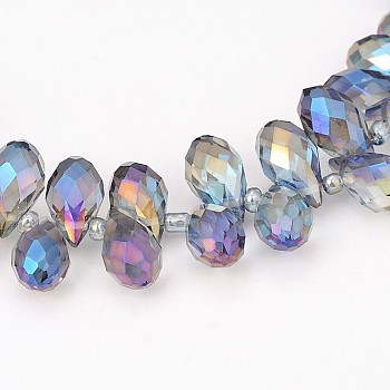 Electroplate Glass Beads Strands, Top Drilled Beads, Faceted Teardrop, Full Rainbow Plated, Royal Blue, 13x8mm, Hole: 0.8mm, about 98pcs/strand, 20 inch