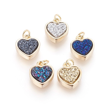 Druzy Resin Pendants, with Brass Finding, Heart, Golden, Mixed Color, 14x12x4~6mm, Hole: 3mm