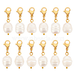 12Pcs Natural Cultured Freshwater Pearl Pendant Decorations, with 304 Stainless Steel Lobster Claw Clasps, Golden, 31mm(HJEW-FG00015)